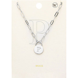 -P- Brass Metal Monogram Lock Pendant Necklace